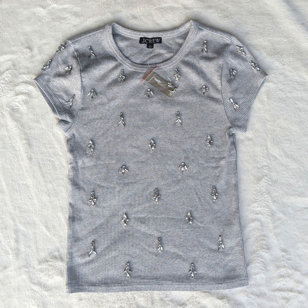 J.Crew Womens Gray Vintage Rib Crystal Embellished Short Sleeve Top Size M NEW